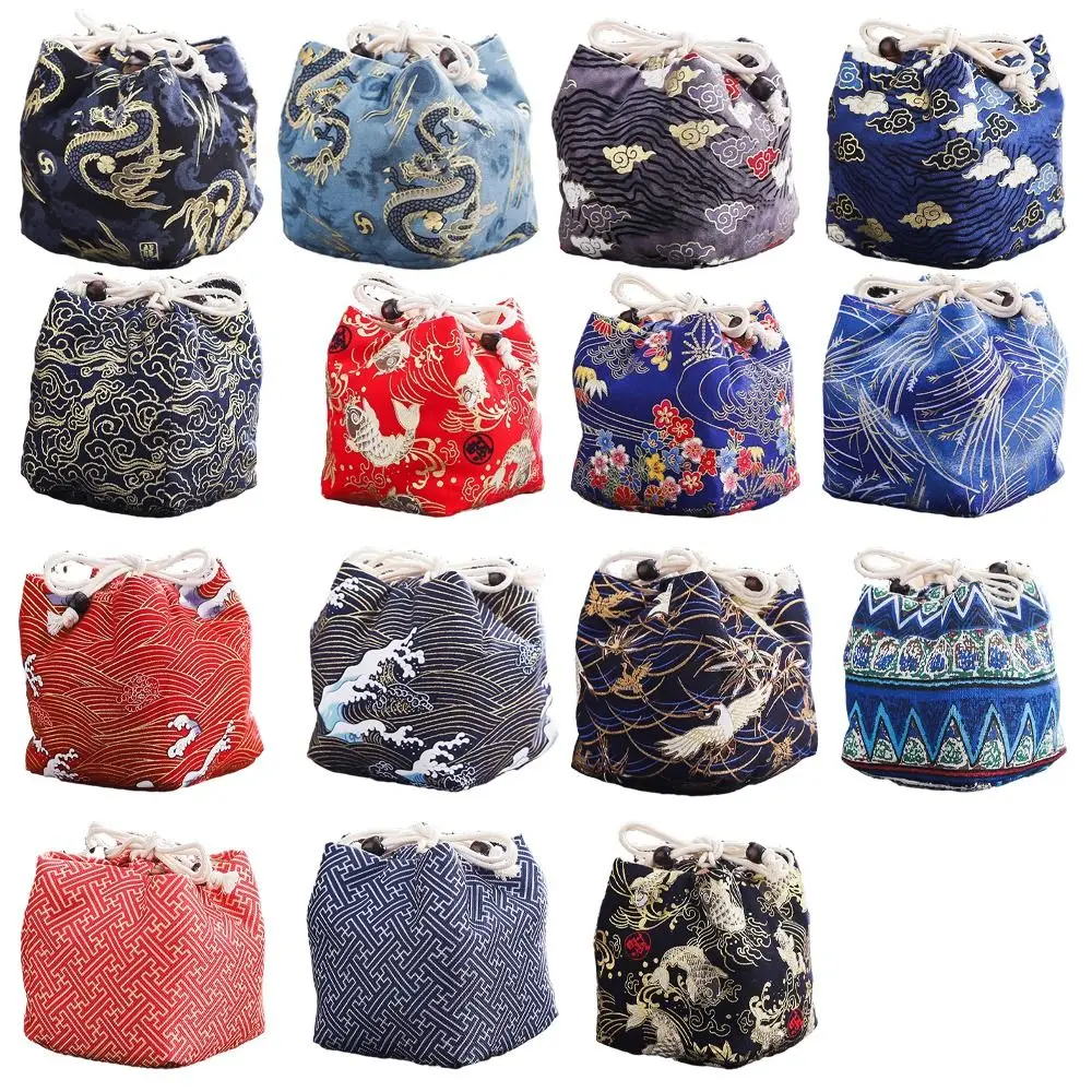 Canvas Flower Drawstring Bag Dragon Stripe Print Chinese Style Handbag Coin Purse Wallet Makeup Lipstick Bag
