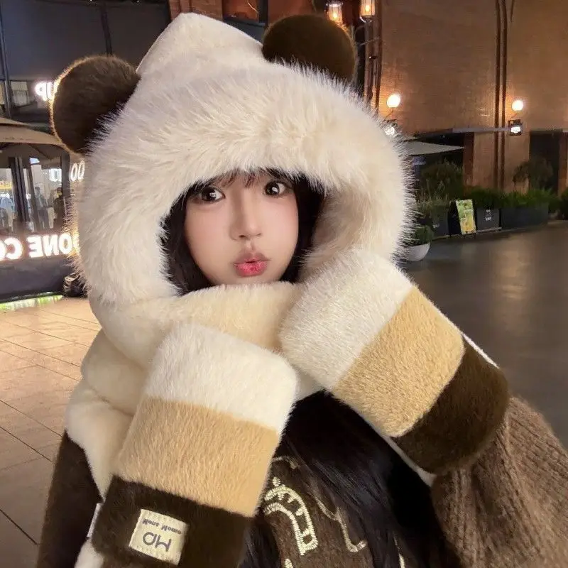 Women's Fleece-Lined Scarf  Integrated Ear-Covering Helmet Warm Windproof  Cold-Resistant Protective Headgear Hat Cap