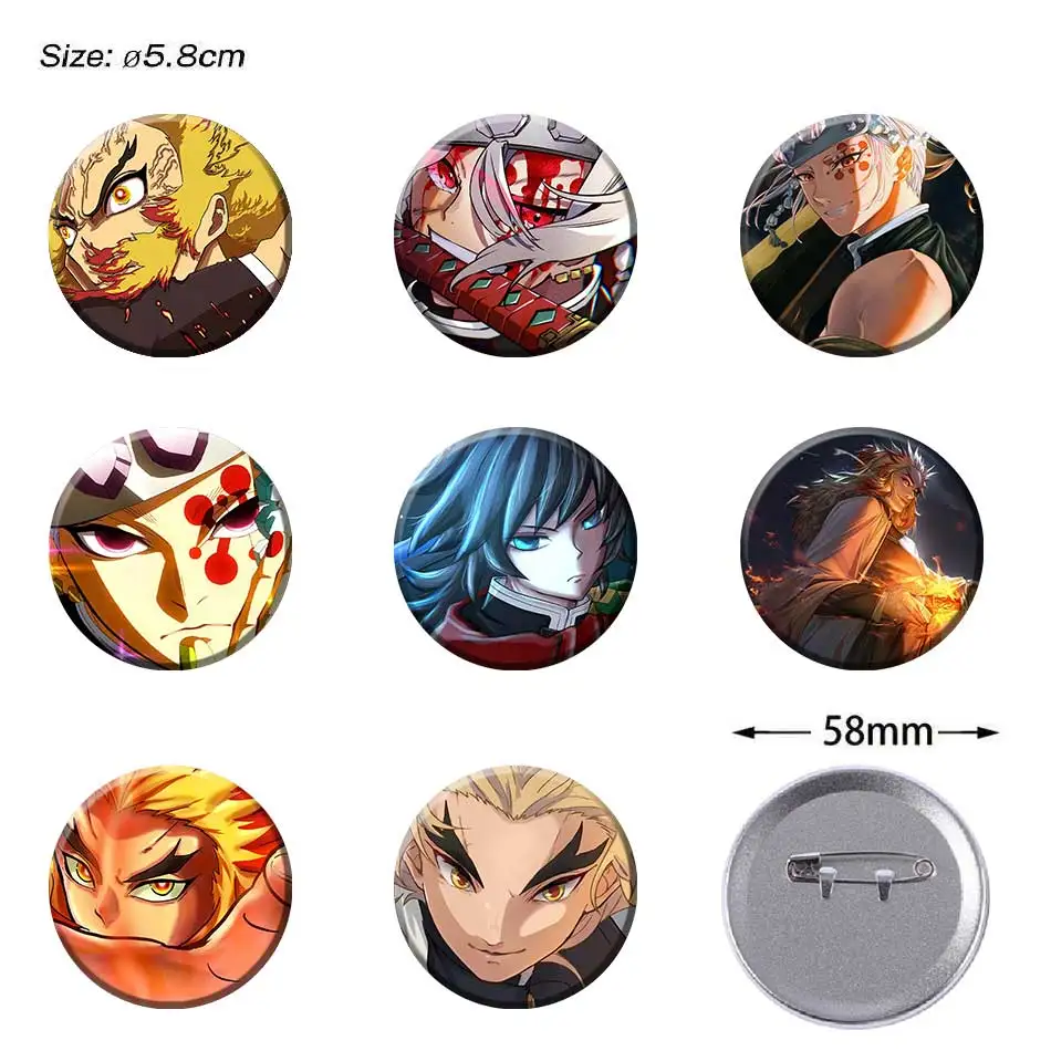 

Classic Demon Anime Button Pins Cartoon Characters Sanemi Shinobu Giyu 58mm Round Badges Lapel Brooch Clothes Backpack Gift Toys