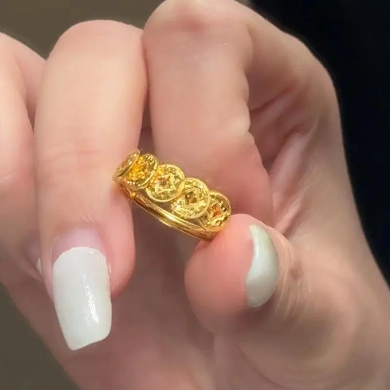 Gold Crushed Copper Ring New Chinese Style Light Luxury Exquisite High Color-retaining Five Emperors Money Ring Lucky Feng Shui