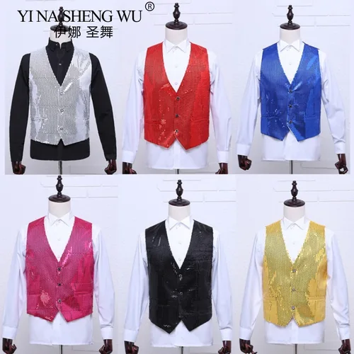Chaleco con lentejuelas para hombre, trajes de espectáculo escénico para fiesta de baile de Jazz, chaleco sin mangas ajustado de lujo para negocios y boda