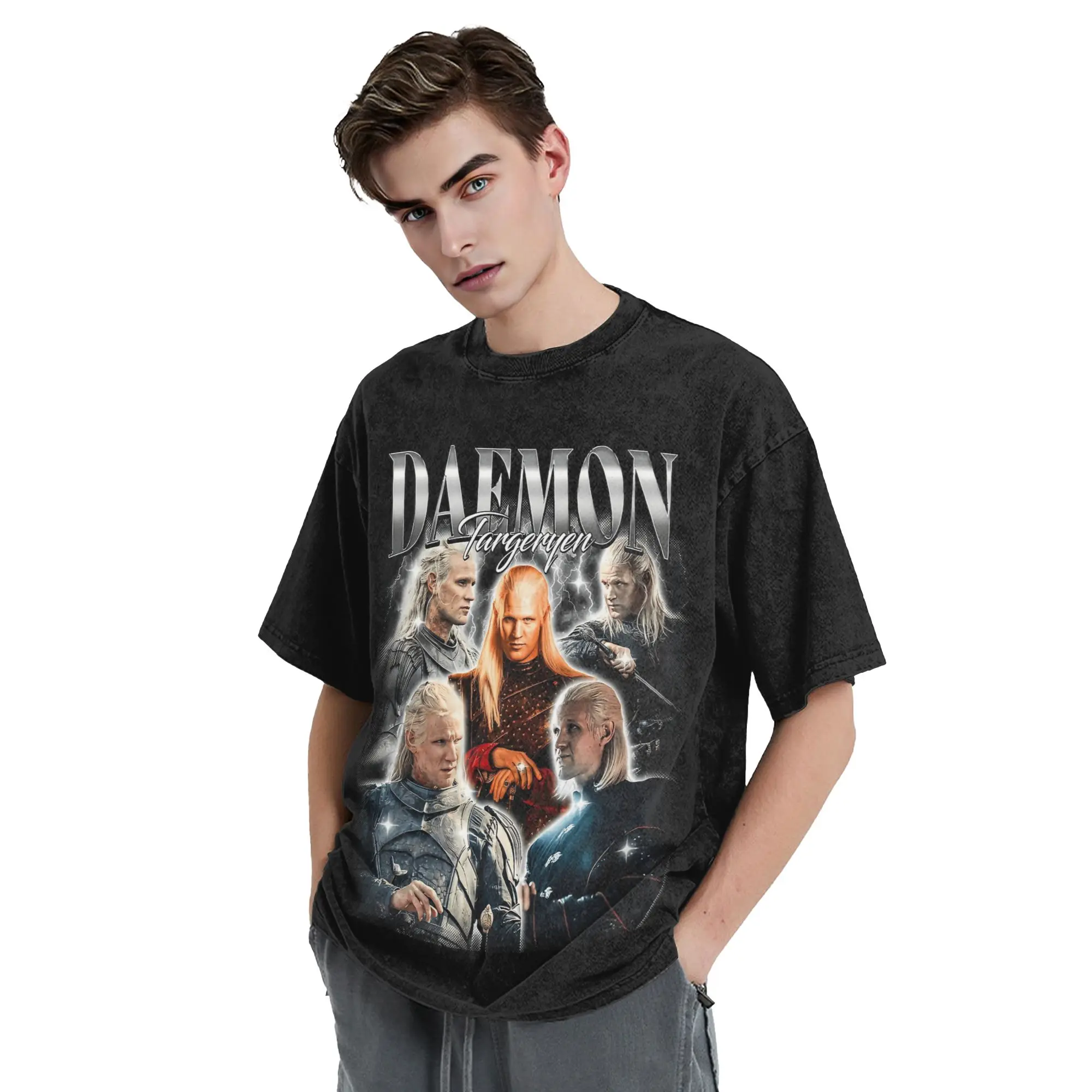 Daemon Targaryen Houses of The Dragons Washed T-Shirts Streetwear Hip Hop Vintage T-Shirt Herren Baumwolle Oversize Sommer – Detail 3