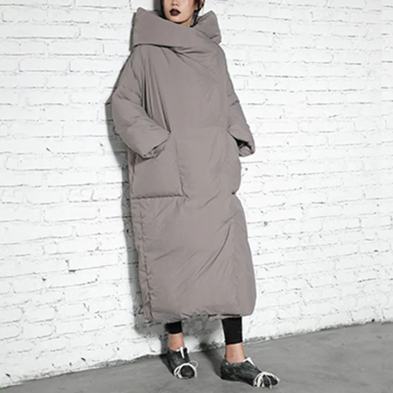 HKSH 2025 冬新作 レディース ダウンコート フード付き 大きめポケット 無地 エレガント ファッション 暖かい 厚手 ロング パフジャケット HK15140