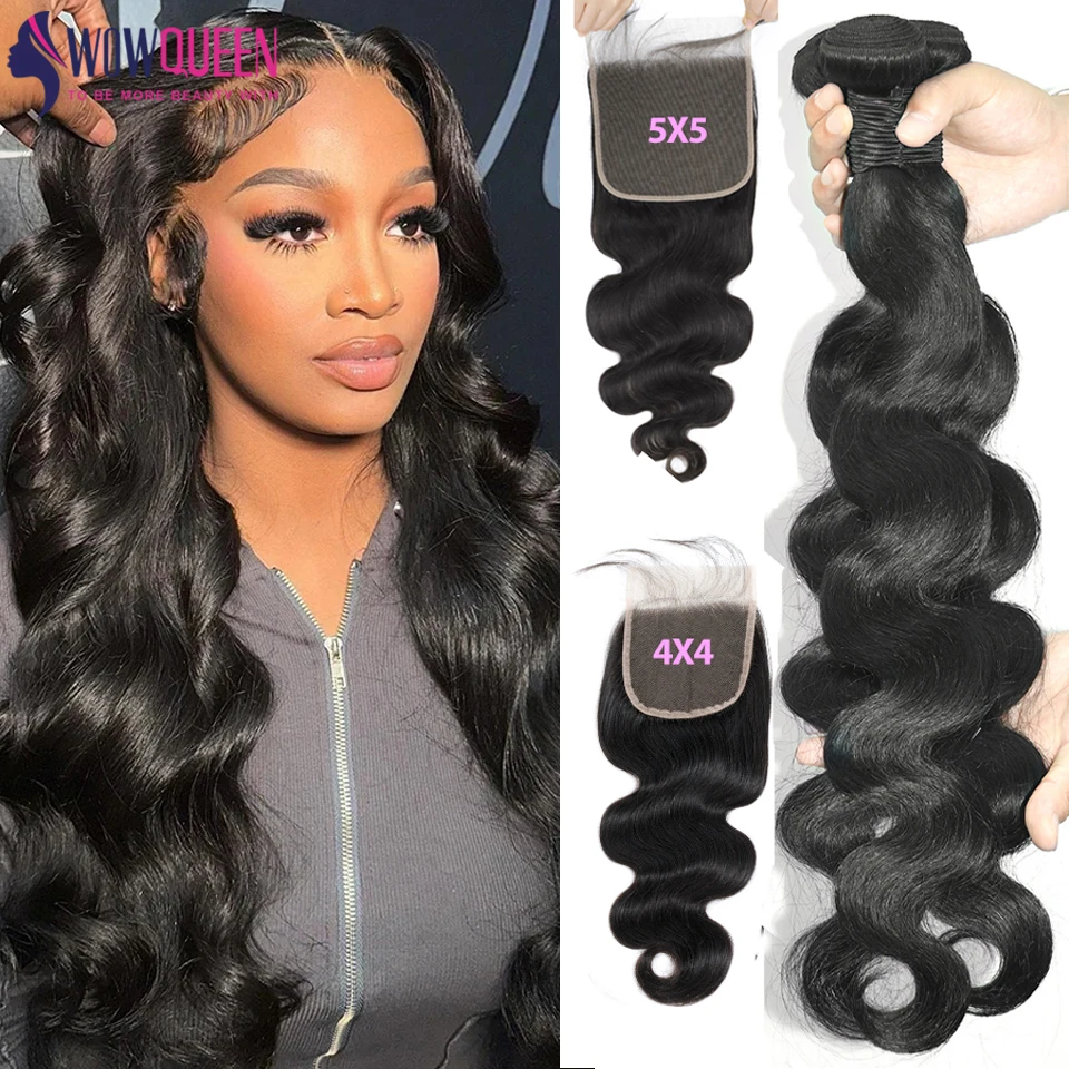 Body Wave Human Hair Bundles With Closure Transparent Lace 5x5 4x4 Brazilian Hair Weave Extensions 3/4 Bundles With Closure