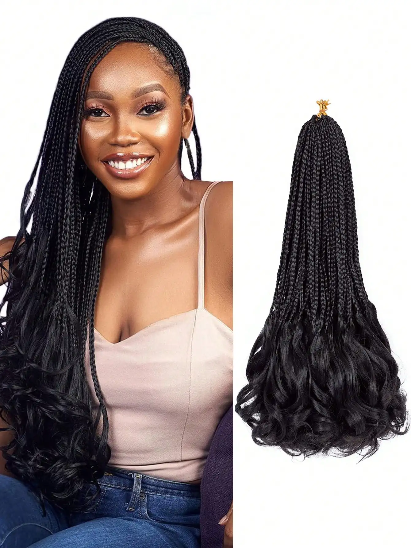 Synthetic Hair Extensions French Curl Crochet Braids 18 Inch 8 Packs Crochet Box Braids With Curly Wavy Ends