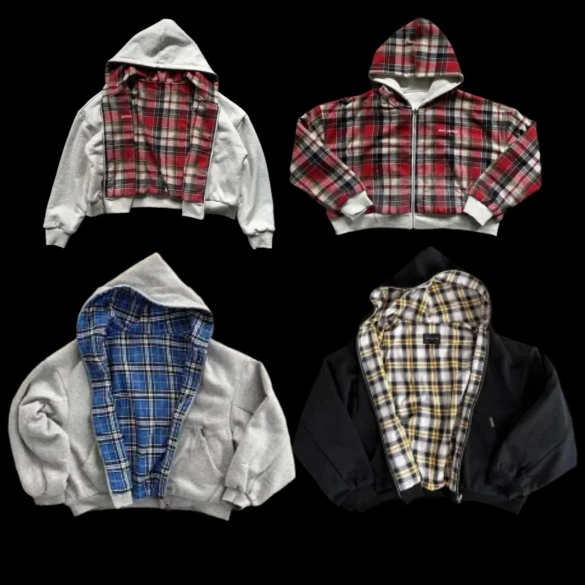 2025 Retro Red Double-Sided Plaid Zipper Cardigan Hoodie Men And Women Y2K Harajuku Fashion Hip-Hop Gothic Casual Loose Jacket