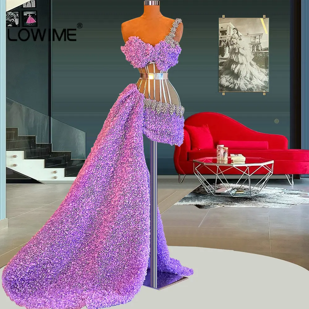 Unique Purple One Shoulder Short Mermaid Prom Dresses Luxury Crystals Party Gowns Sexy Illusion Corset Long Train Cocktail Dress