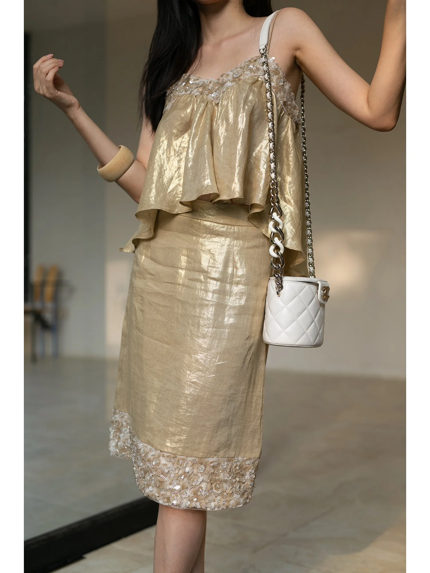 

Золотая льняная юбка ter Ne, комплект Ele Pearl Embellied, женский модный летний наряд, ансамбль из двух предметов
