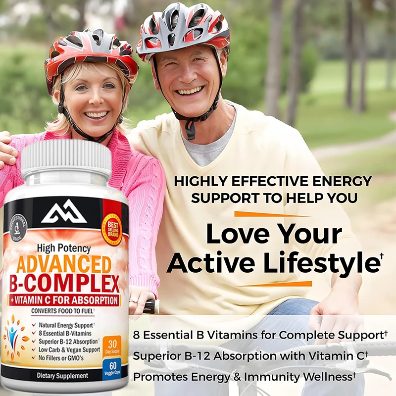 

Vitamin B complex with high absorption of vitamin C Vitamin B1 B2 B3 B5 B6 B7 B9 for immune energy Non GMO 60 capsules