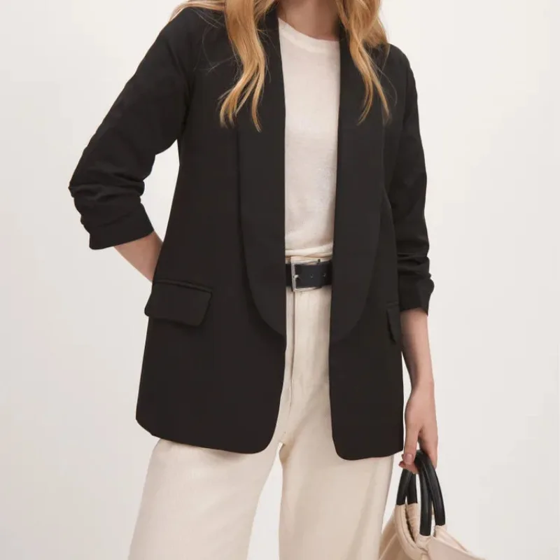 เสื้อแจ็คเก็ตสูทผู้หญิง แขนยาว ปกพับ ผ้าโพลีเอสเตอร์ สไตล์ลำลอง เรียบง่าย ดูดี มีระดับ เหมาะสำหรับใส่ไปทำงาน ให้ลุคแบบ 3 มิติ