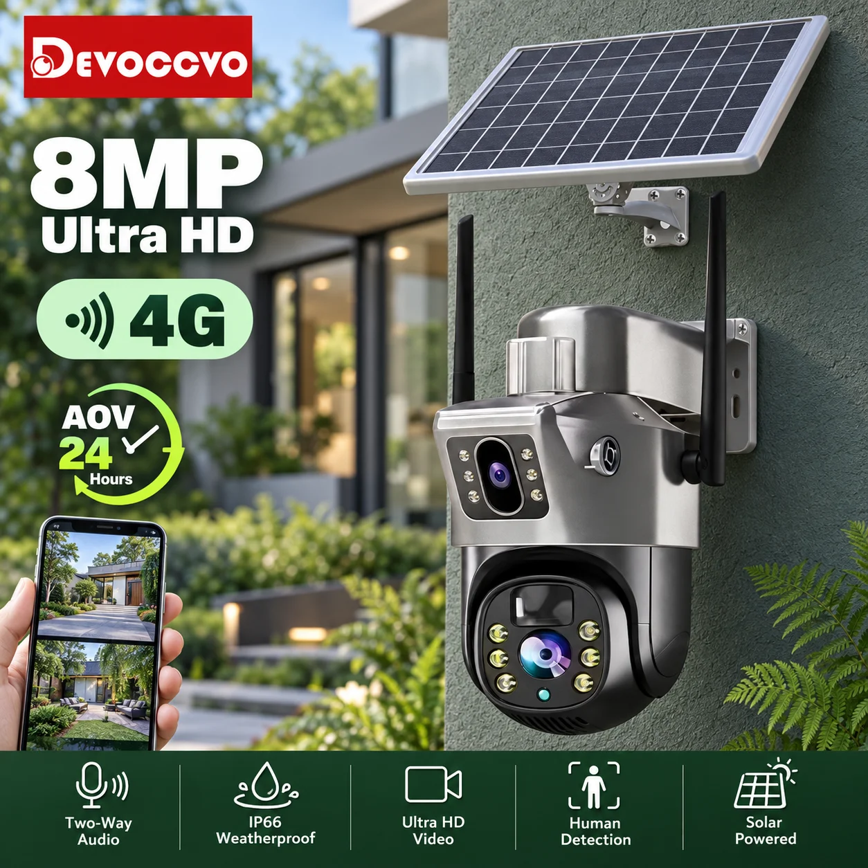 4G AVO Solar Kabellose 4K Dual-Linsen-PTZ-IP-Kamera 8MP Batteriebetriebenes Außen-CCTV-Sicherheitsüberwachungssystem mit KI-gesteuerter automatischer Verfolgung, Nachtsicht, WLAN-Konnektivität,