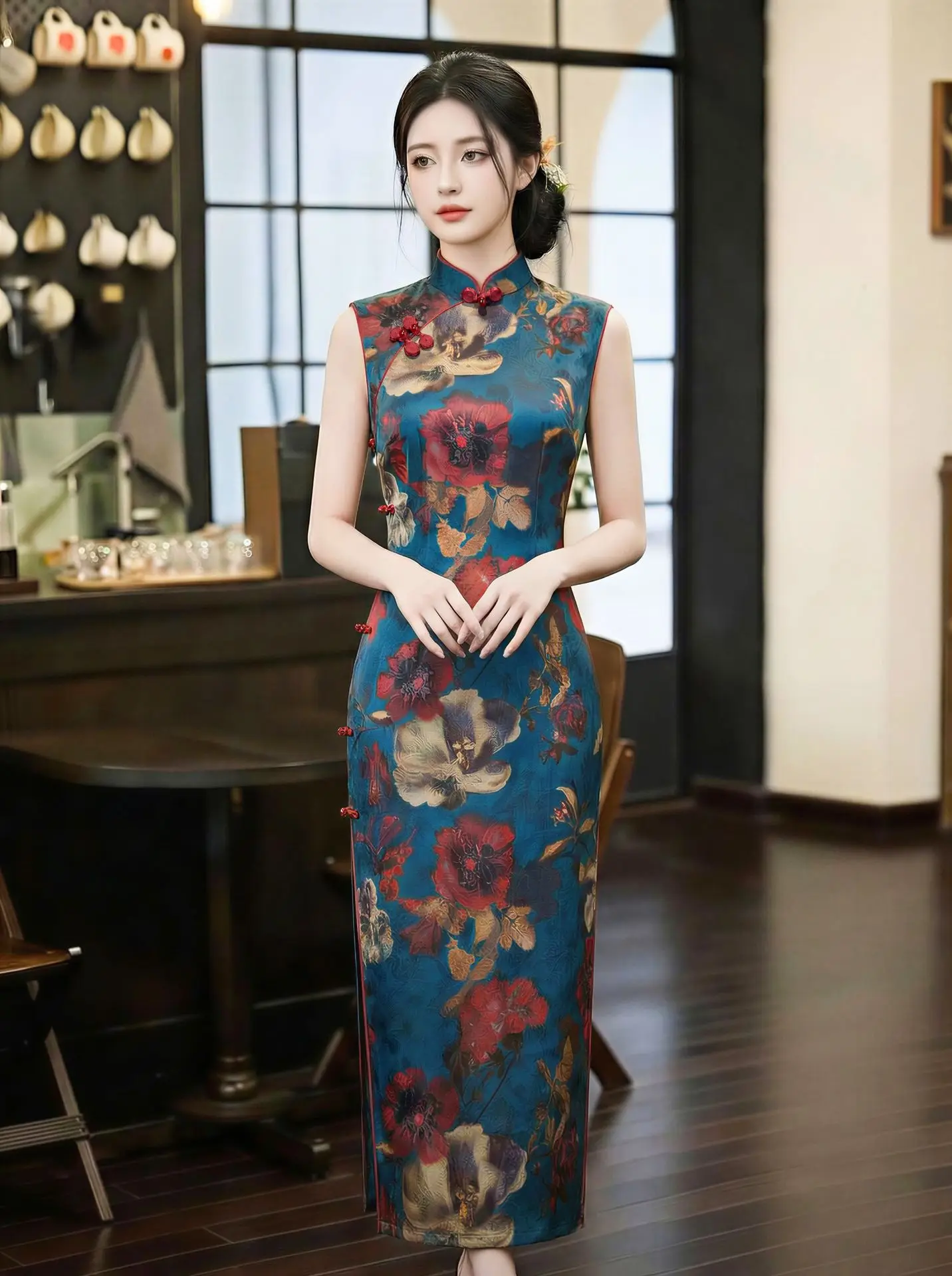 

Navy Blue Print Cheongsam for Women Tradition Chinese Style Dresses Summer Sleeveless Slim Qipao
