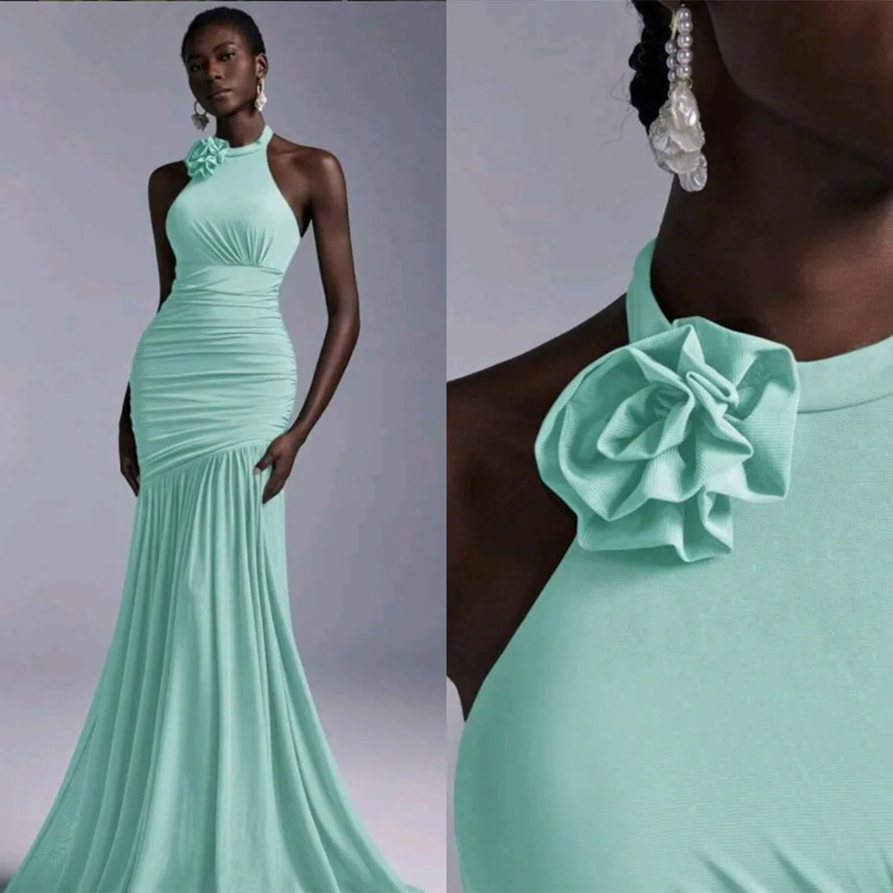 

High Quality Customized Floor Length Halter Pleat Mermaid Flower Sleeveless Vestidos De Fiesta Para Bodas Dress for Women Robe