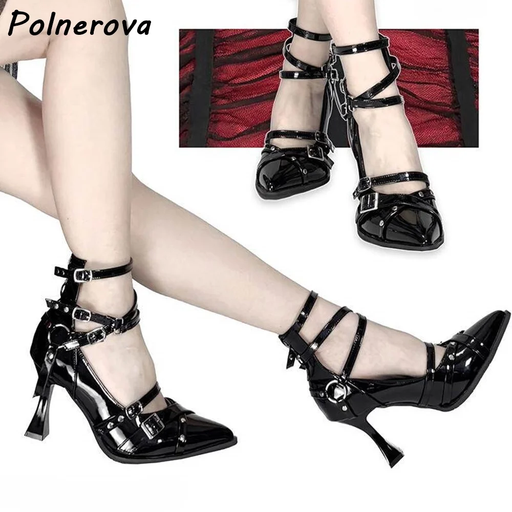 

Multi Buckle Strap Gothic pumps Punk Pointed Toe Heels Ankle Wrap Spiked Studs Cosplay Costume Shoes women all match solid shoes
