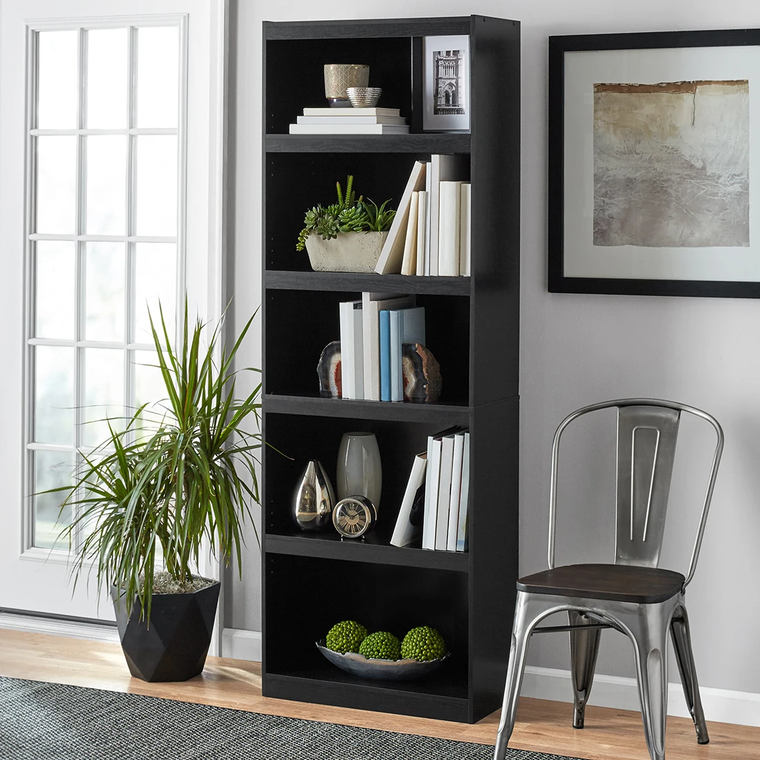 Framed 5-Shelf Bookcase Adjustable Shelves Provide Easy Storage and Display for Decorative and Home Living Accessories