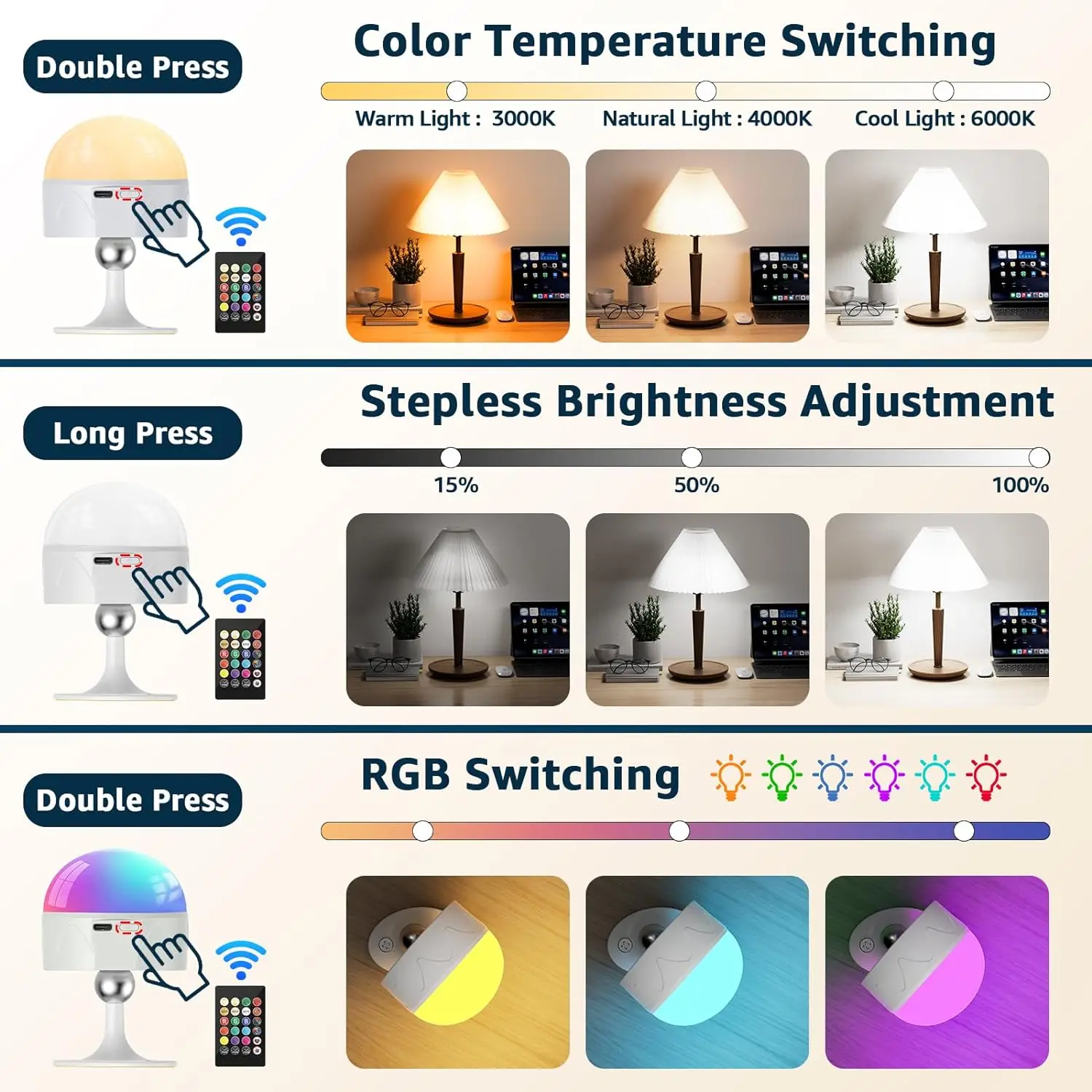 Bombillas recargables con batería remota, Bombilla RGB de 2200mAh, E26, carga desmontable, magnética, giratoria de 360 °, luz de dormitorio