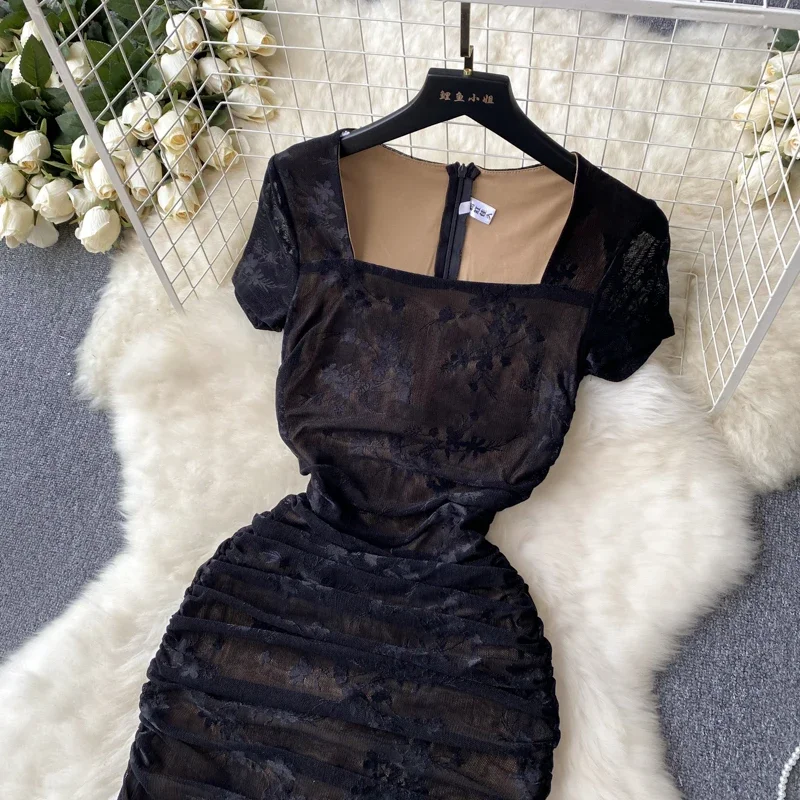 2024 New Elegant Party Dresses 2024 Floral Black Mesh Crochet Lace Vestido Split Casual Formal Pencil Dress