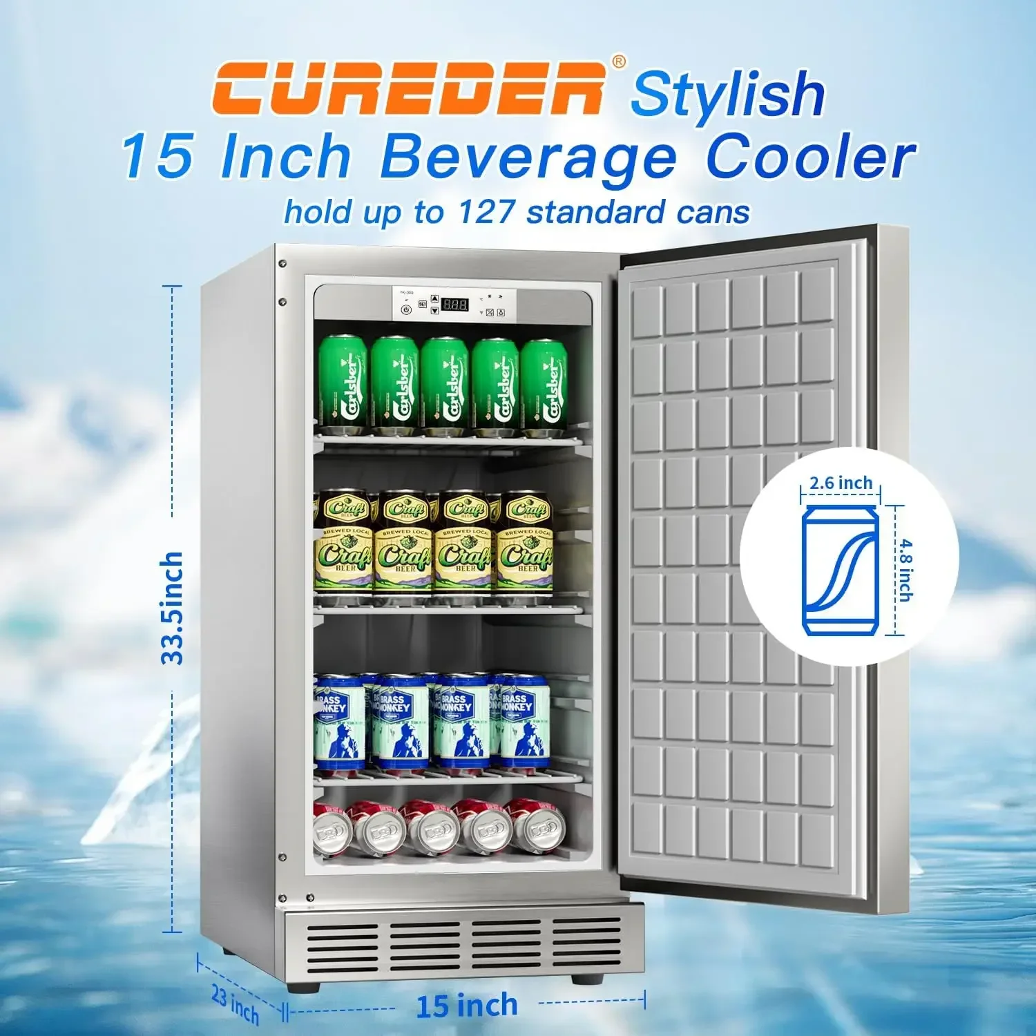 15 Polegada refrigerador ao ar livre, refrigerador de cerveja de bebidas de aço inoxidável à prova de intempéries sob o refrigerador do balcão, refrigerador interno/externo