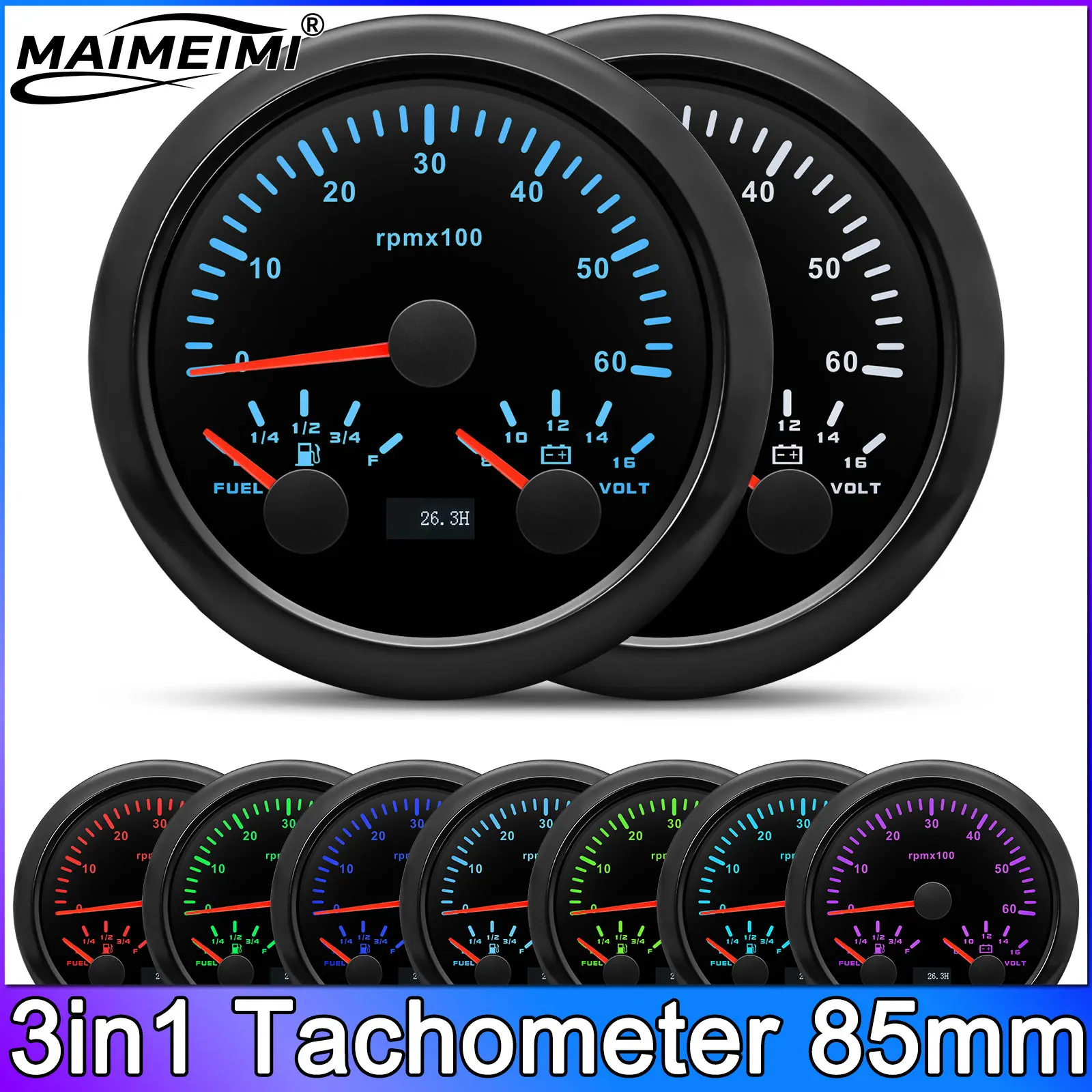 

Морской 85 мм 3в1 Многофункциональный тахометр 8000 об/мин с датчиком уровня топлива Вольтметр 7 цветов Подсветка 12 В 24 В