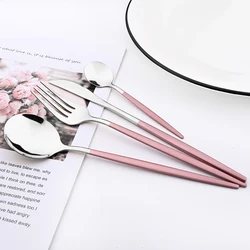 Drmfiy Pink Silver Stainless Steel Dinnerware Set Fork Knife Soup Ice Spoon Cutlery Set Western Flatware Kitchen Silverware Set