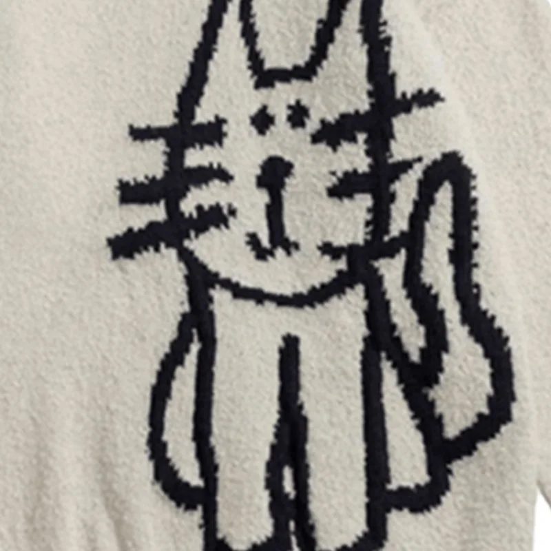 WOMEN Cute Cat Pattern Knitted Sweater CasualWarm Stretchy Crew Neck Pullover for Fall and Winter