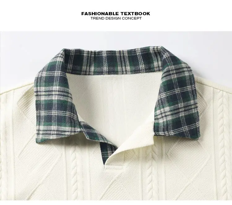 Herren-Sweatshirt mit Kontrastkragen und langen Ärmeln, Herbst-Diamant-Jacquard-Strick, lockere Passform, lässige Oberteile, halber Reißverschluss, Alltagskleidung – Detail 7
