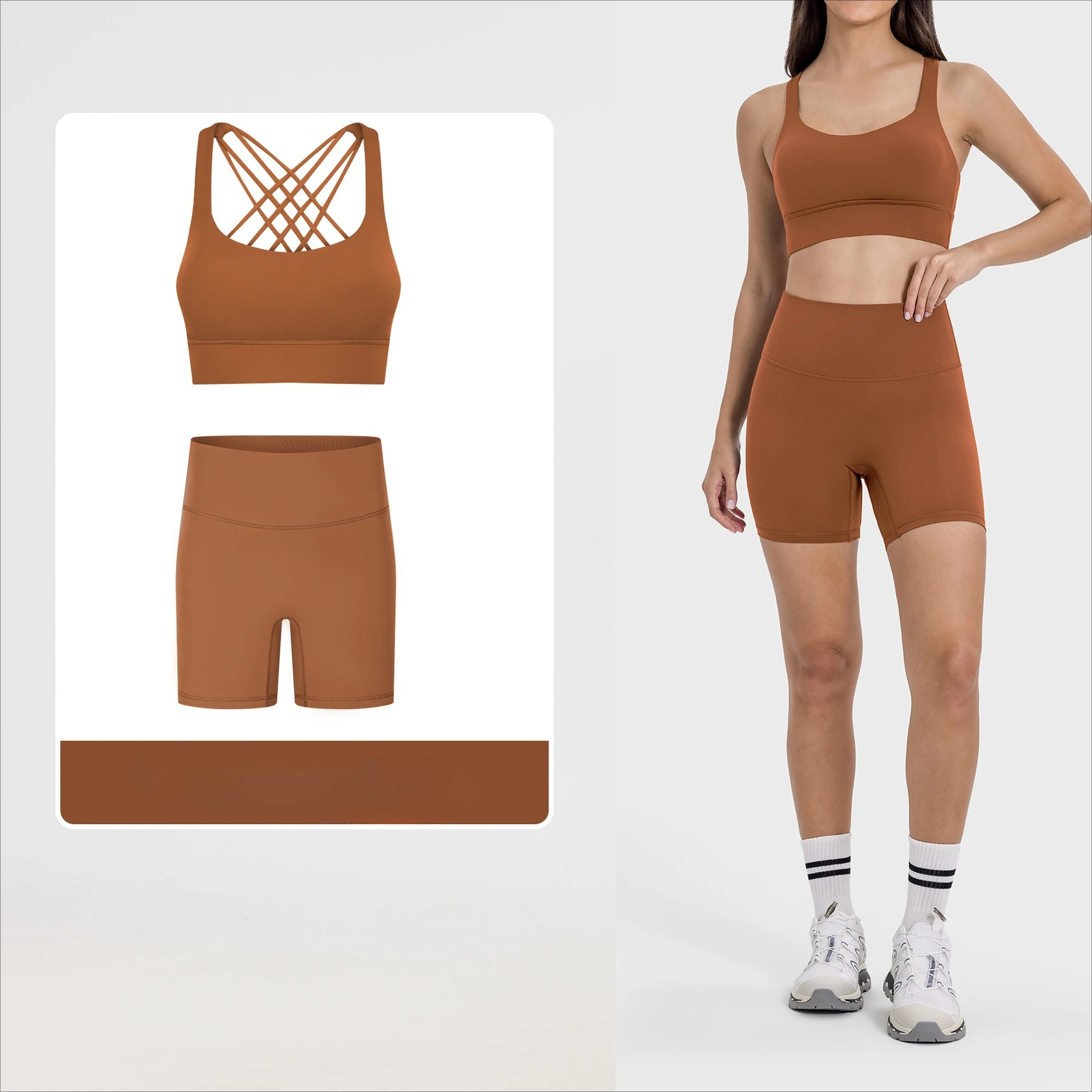 

2025 Women's Yoga Suit 2-Piece Set Butter Touch Shockproof Bra High Waist 8" No T-Line Shorts Fitness Exercise Sport Set