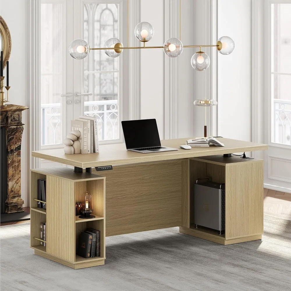 

"Large Executive Electric Height Adjustable Standing Desk with Storage and AC/USB Ports, featuring Privacy Panel"