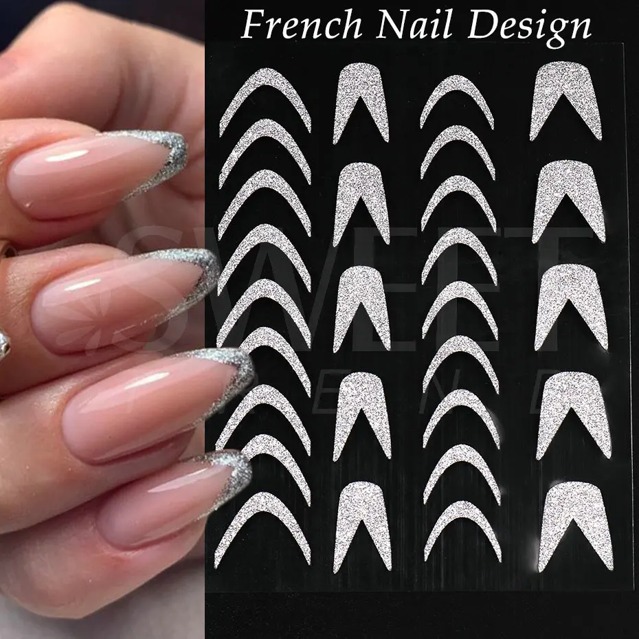 Reflective Silver Glitter Stickers 3D Nail Art Decals Holographic Swirl Stripes Lines French Design Manicure Decoration BEH-232