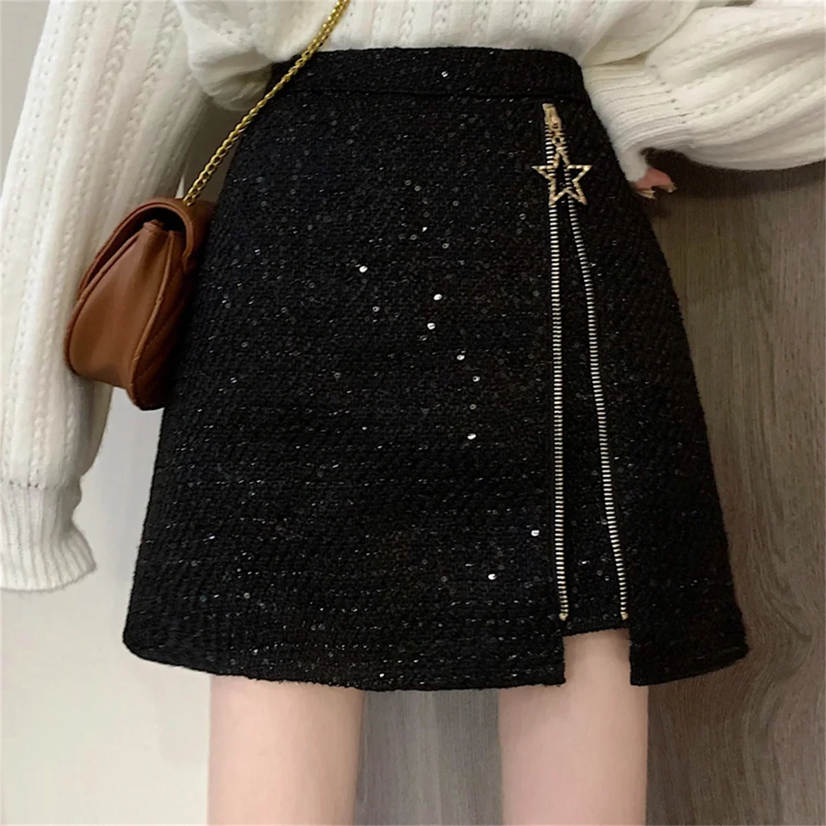 Autumn Winter Wild Zipper Split A-line Tweed Short Skirts For Women 2024 New Fashion High Waist Slim Mini Woolen Skirt