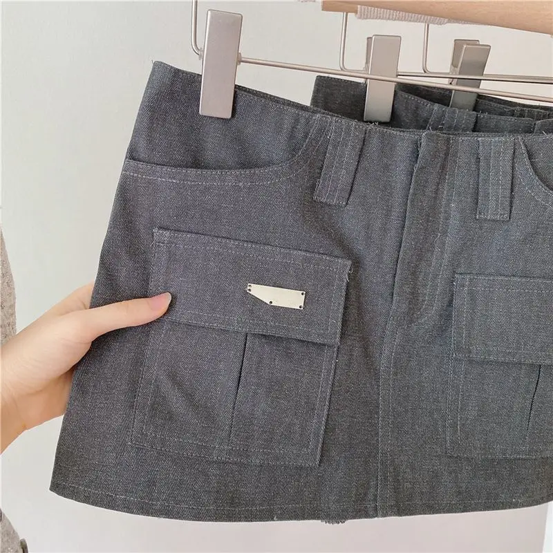 Retro Gray Tooling Cargo Short Skirt Women Summer High Waist A Word Spice Girl Hip Skirt Culottes