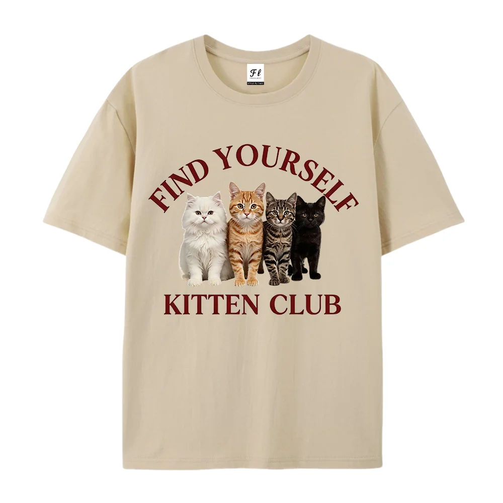 Kitten Club Find Yourself Graphic Shirt Casual Short Sleeve Tee Vintage Funny Fashion Print Crew Neck Cotton Cat Lover Gift