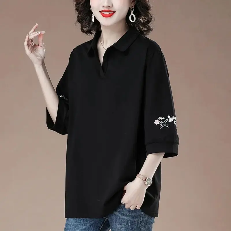 Women Summer Simplicity Loose Large Size Casual Embroidered Turn-down Collar Short Sleeve T-Shirt Ladies Elegant Cotton Top Tee