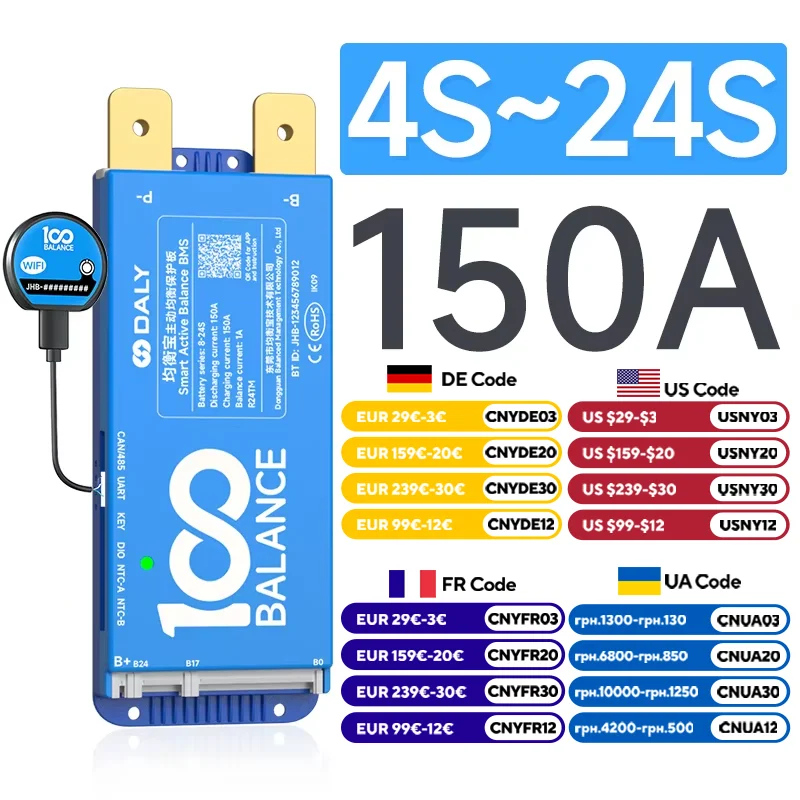 Daly Smart Balance BMS UART RS485 Bluetooth WiFi CANBUS LCD-Display für 8S 14s 16S 20S 150A Lifepo4 NMC wiederaufladbare Batterien