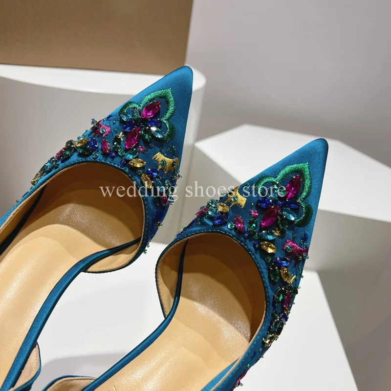 Crystal Embroidered Satin Heels Women High Heels Shallow Mouth Pointed Toe High Heels Wedding Luxury Single Shoes Women Pumps