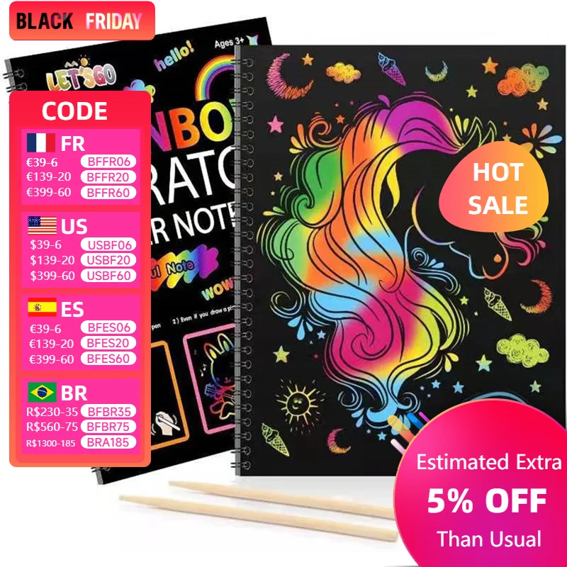 DIY Children Magic Rainbow Color Scratch Art Paper Card Set With Graffiti Stencil Drawing Board Stick Painting Educational Toys