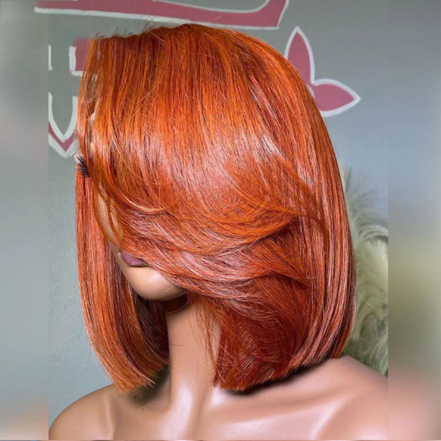 

Natural Ginger Orange Short Bob Blunt Cut Bob Silky Straight Soft Lace Front Wigs For Black Women With Afro BabyHair Preplucked