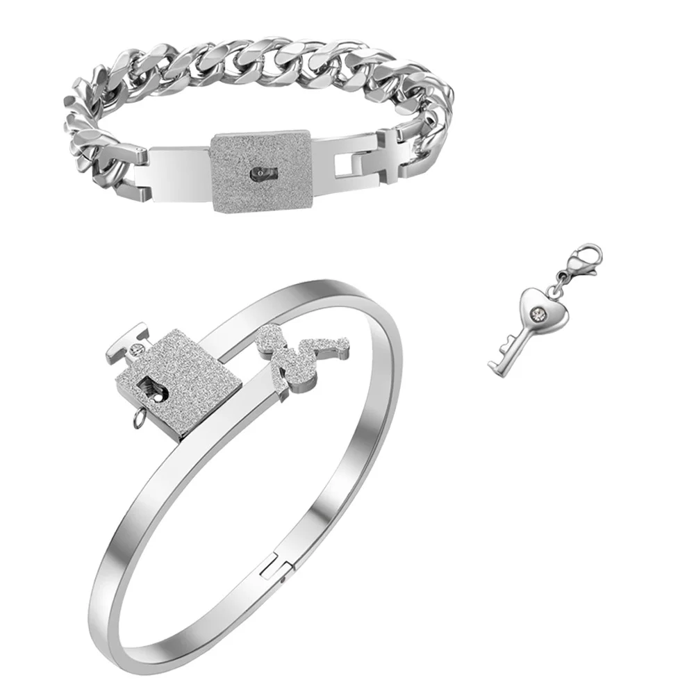 

1Pair Fashionable Titanium Steel Couple Bracelets Smooth Finish Creative Lock Design Ideal for Trip Party Everyday Jewelry