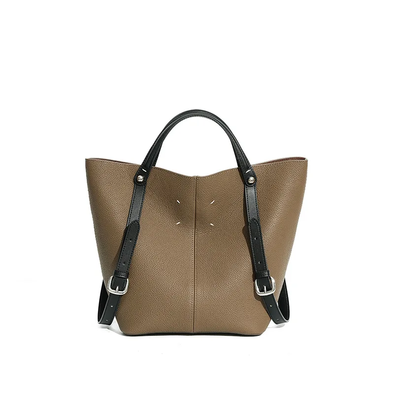 

First Layer Cowhide Bucket Bag Women's Large Capacity Tote Versatile Commuter Shoulder Bag for Office Niche Designer Handbag