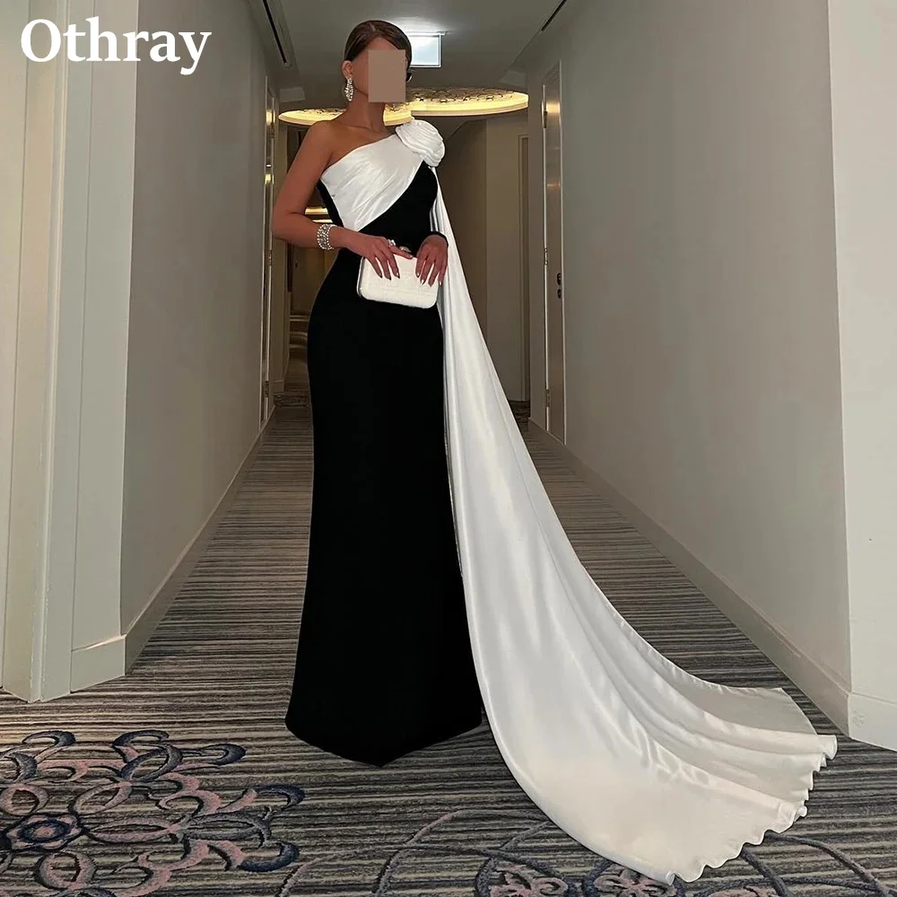 

Othray Saudi Arabic Evening Dresses Black White Designer Long Formal Prom Gowns One Shoulder 3D Flower Women Formal Met Robe