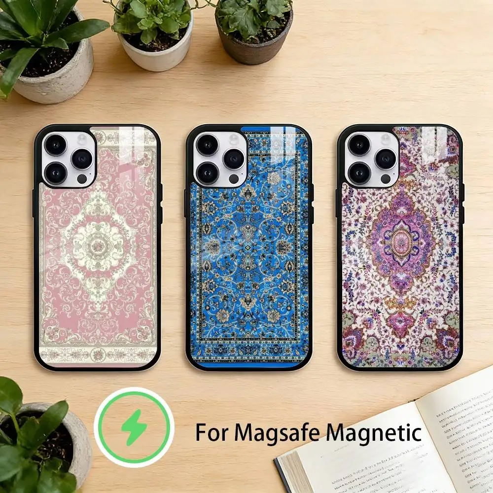 Persian C-Carpet Floral P-Pattern Phone Case For iPhone 17 16 15 14 13 12 Pro Max Plus for Mirror Wireless Magnetic Cover