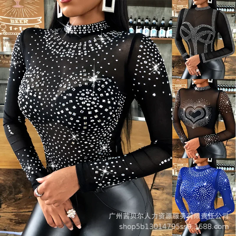 Slim-fit Pullover Round Neck Street Solid Color Diamond-encrusted Spring Autumn Bottoming Trend Fashion 2024 Black Women's Top