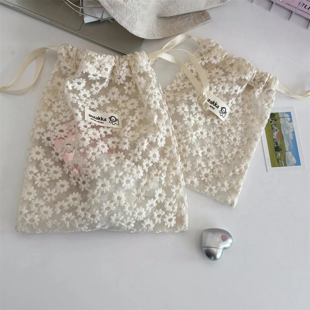 Mesh Lace Embroideried Drawstring Bags Daisy Print Drawstring Bag Travel Skincare Organizer Jewelry Dust Bag Draw String Bags
