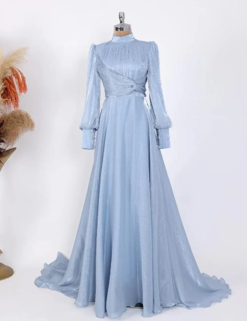 

Customized Sky Blue Matching Exquisite Pleat Ruched Draped A-line High Collar Long Dresses Evening Dresses for Woman Fashion