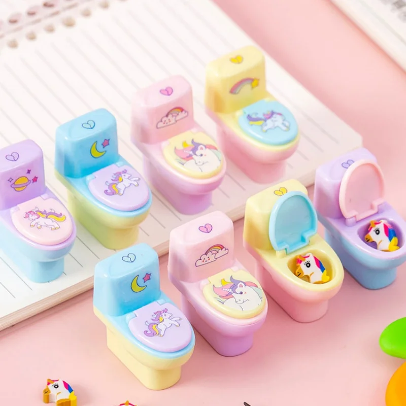 

48pcs/lot Creative Unicorn Toilet Shape Pencil Sharpener Eraser Cute Hand Mechanical Cutter Knife Stationery Gift School Supply