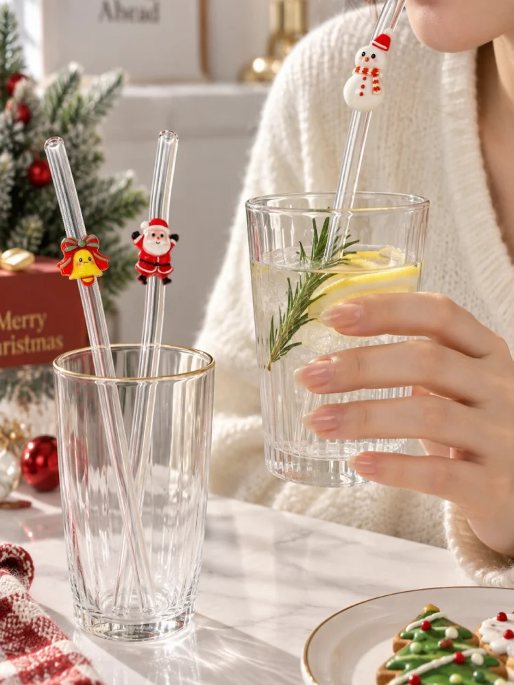 3PCS Christmas Snowman Santa Bell Glass Straws Bend Reusable Clear Drinking Straws Coffee Juice Party Gift Xmas