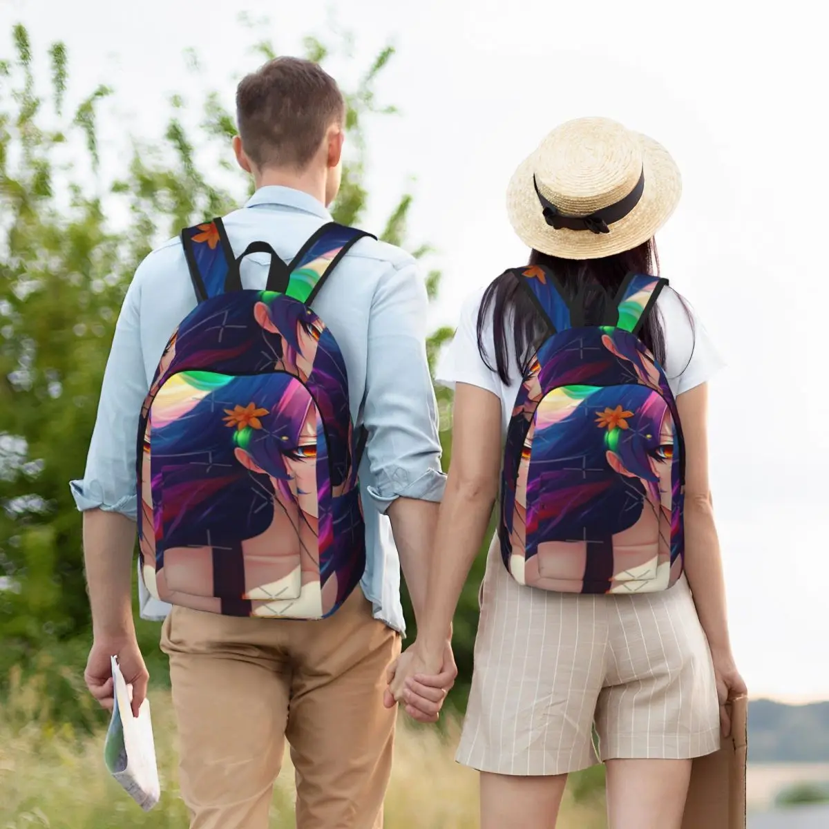 أنيمي فتاة مع الشعر متعدد الألوان AI الفن بسيطة وأنيقة على ظهره قماش حقيبة الظهر رجل على ظهره #5