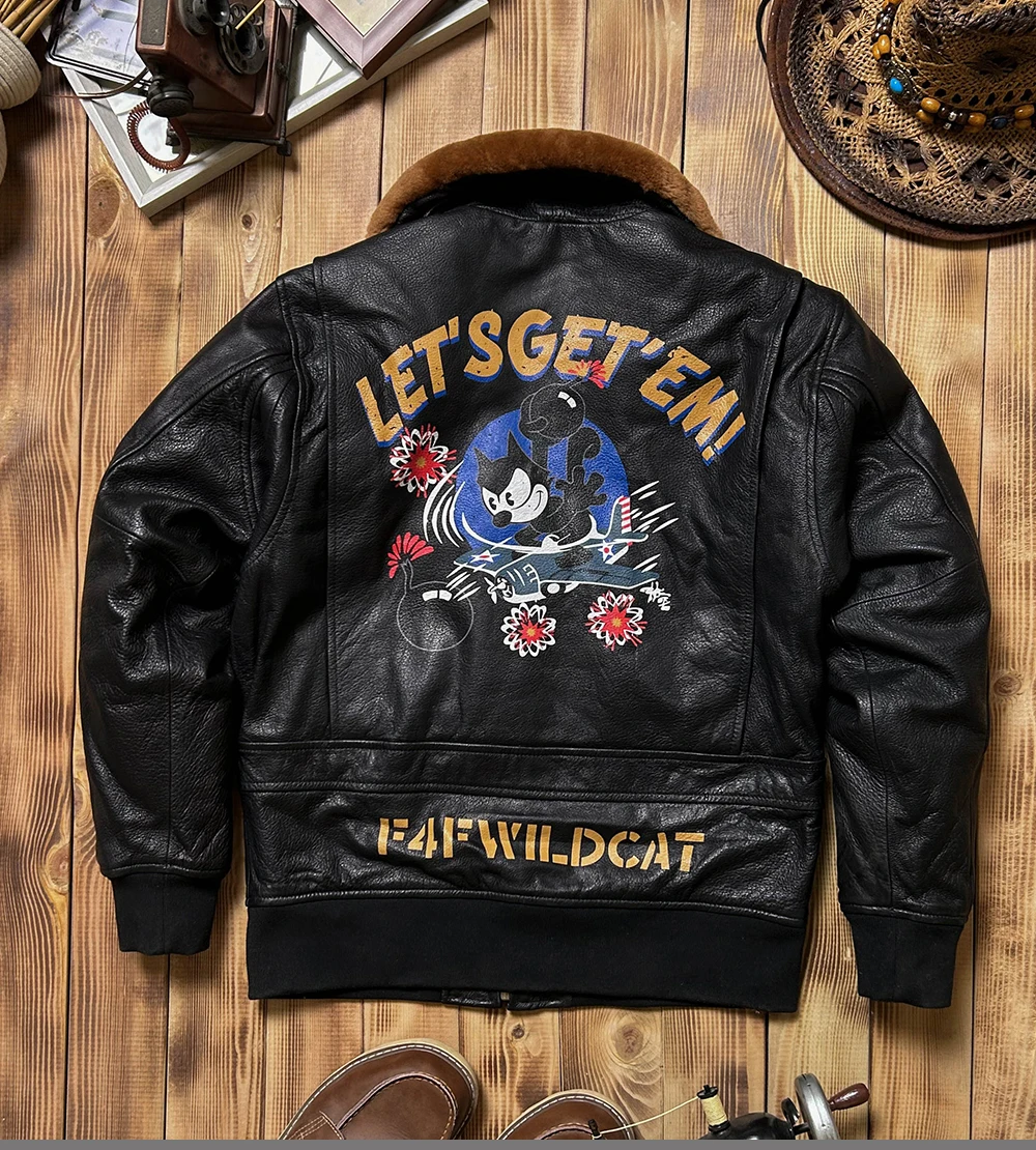 Black Autumn Pilot Leather Jacket Men Military Style Wool Collar Plus Size 3XL Genuine Natural Sheepskin Flight Leather Coat
