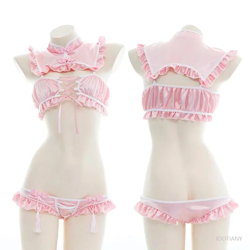 

Cute Anime Girl Cosplay Costume Lolita Maid Uniform Hollow Bandage Top Sexy Adult Ladies Ruffled Cheongsam Collar Underwear Set