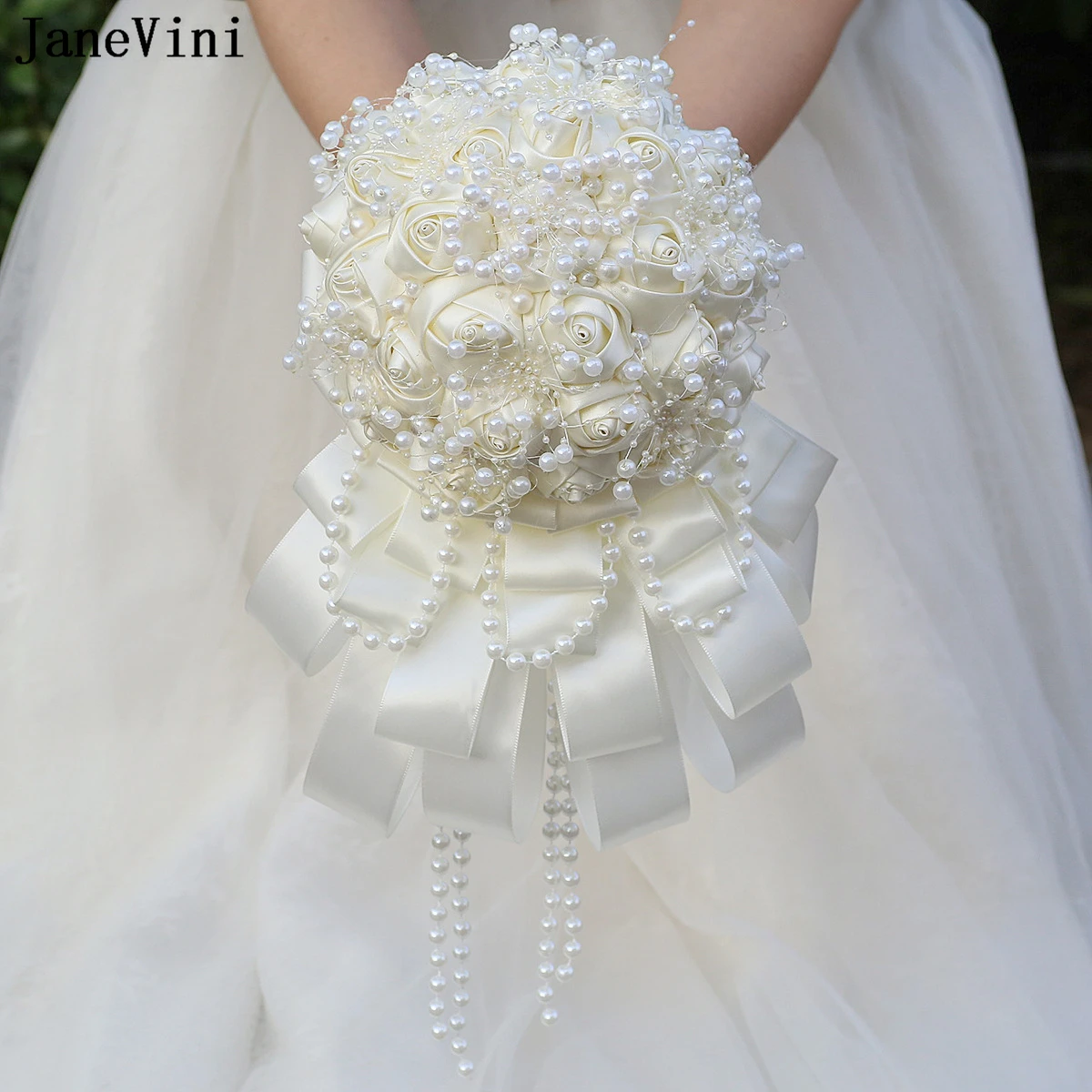 JaneVini Elegant Korean Bridal Bouquets with Pearls Handmade Satin Roses Ivory Flowers Bouquet Ribbon Handle Wedding Accessories